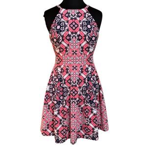 Vince Camuto Geometric Print Fit Flare Dress Pink Navy White‎ Size 4